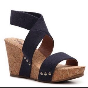 NWOB Lucky Brand Navy Crisscross Cork Wedge Sandals 8:5